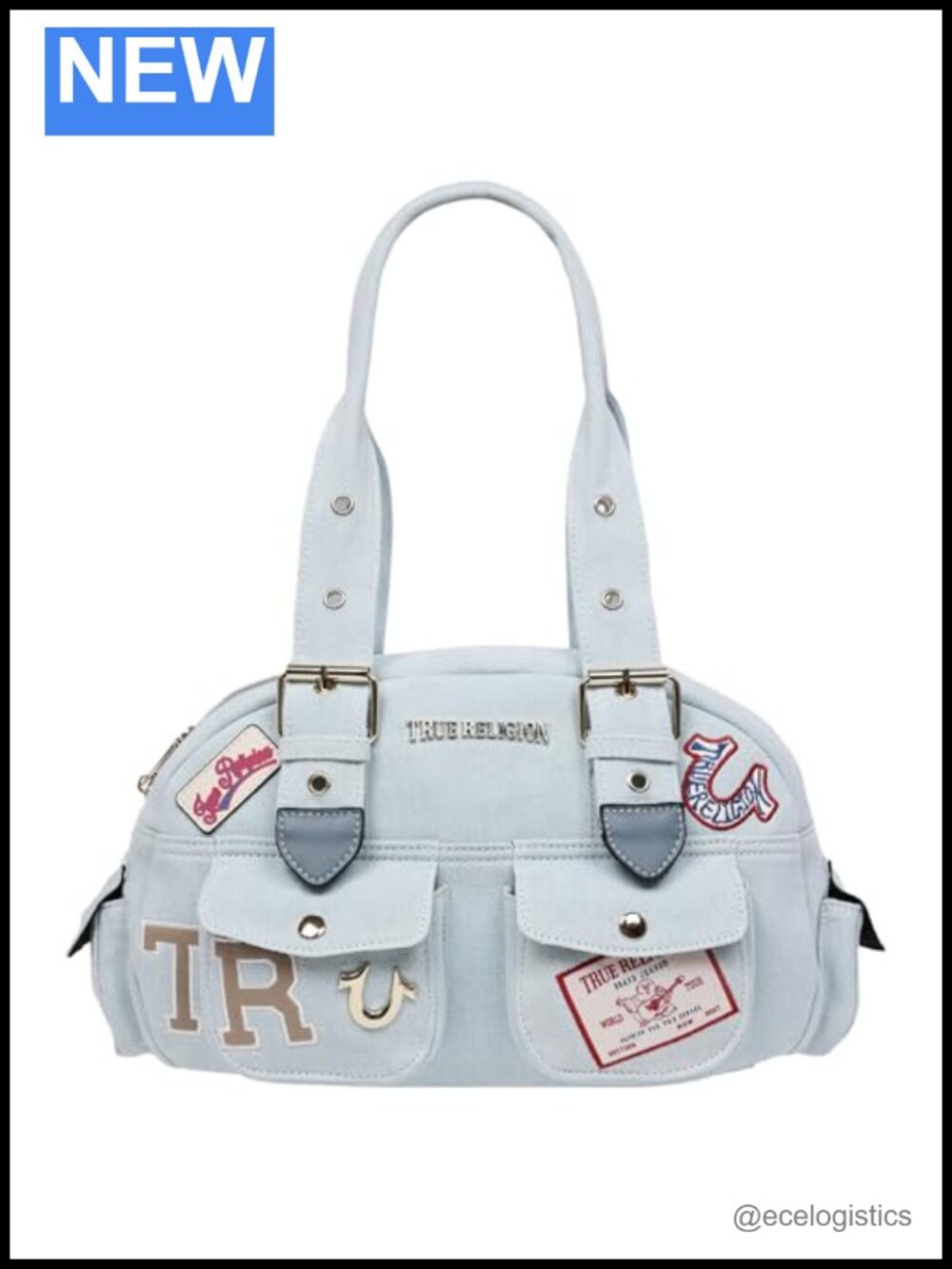 Light Blue Denim Satchel Bag with Gold Hardware, Adjustable Handle